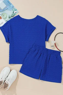 Best Dear-Lover Jacquard Textured Buttoned Tee and Shorts Set Sky Blue