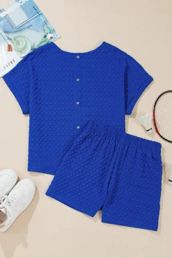 Best Dear-Lover Jacquard Textured Buttoned Tee and Shorts Set Sky Blue