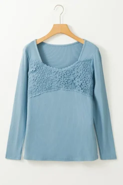 Best Dear-Lover Lace Crochet V Neck Long Sleeve Top Sky Blue