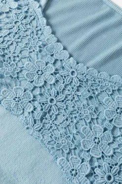 Best Dear-Lover Lace Crochet V Neck Long Sleeve Top Sky Blue