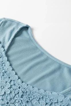 Best Dear-Lover Lace Crochet V Neck Long Sleeve Top Sky Blue