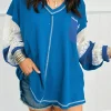 Outlet Dear-Lover Lace Floral Patchwork Sleeve Stitching V Neck Rib Knit Blouse Sky Blue