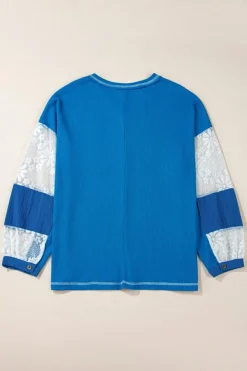 Outlet Dear-Lover Lace Floral Patchwork Sleeve Stitching V Neck Rib Knit Blouse Sky Blue