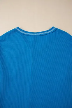 Outlet Dear-Lover Lace Floral Patchwork Sleeve Stitching V Neck Rib Knit Blouse Sky Blue