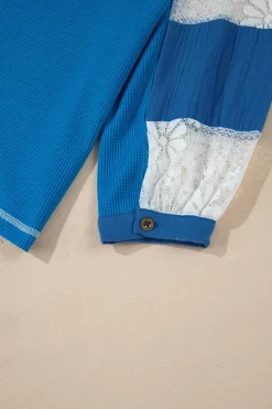 Outlet Dear-Lover Lace Floral Patchwork Sleeve Stitching V Neck Rib Knit Blouse Sky Blue