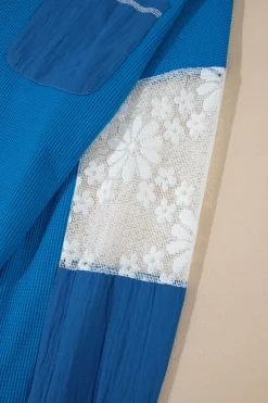Outlet Dear-Lover Lace Floral Patchwork Sleeve Stitching V Neck Rib Knit Blouse Sky Blue