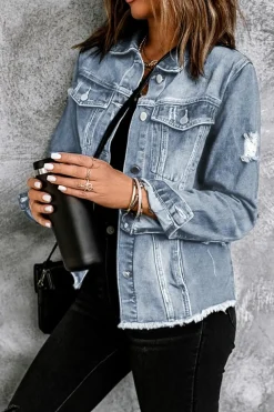 Sale Dear-Lover Lapel Distressed Raw Hem Buttons Denim Jacket Sky Blue
