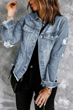 Sale Dear-Lover Lapel Distressed Raw Hem Buttons Denim Jacket Sky Blue