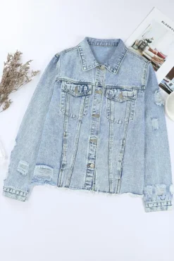 Sale Dear-Lover Lapel Distressed Raw Hem Buttons Denim Jacket Sky Blue