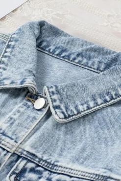 Sale Dear-Lover Lapel Distressed Raw Hem Buttons Denim Jacket Sky Blue