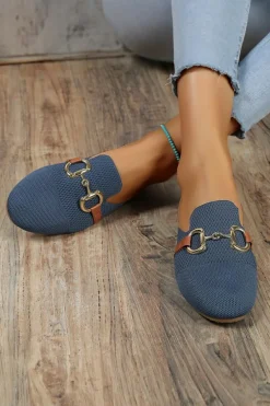 New Dear-Lover Leather Strap Buckle Decor Slip On Flats Sky Blue