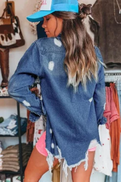 Best Dear-Lover Light Wash Distressed Frayed Long Denim Jacket Sky Blue