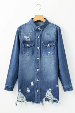 Best Dear-Lover Light Wash Distressed Frayed Long Denim Jacket Sky Blue