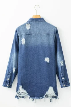 Best Dear-Lover Light Wash Distressed Frayed Long Denim Jacket Sky Blue