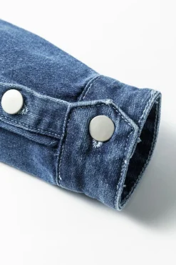 Best Dear-Lover Light Wash Distressed Frayed Long Denim Jacket Sky Blue
