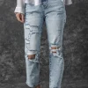 New Dear-Lover Light Wash Frayed Slim Fit High Waist Jeans Sky Blue