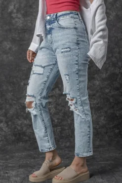 New Dear-Lover Light Wash Frayed Slim Fit High Waist Jeans Sky Blue