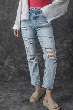 New Dear-Lover Light Wash Frayed Slim Fit High Waist Jeans Sky Blue