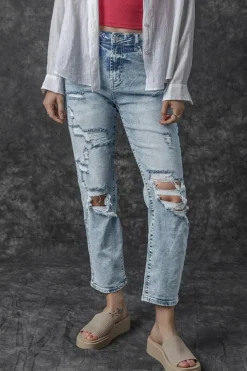 New Dear-Lover Light Wash Frayed Slim Fit High Waist Jeans Sky Blue