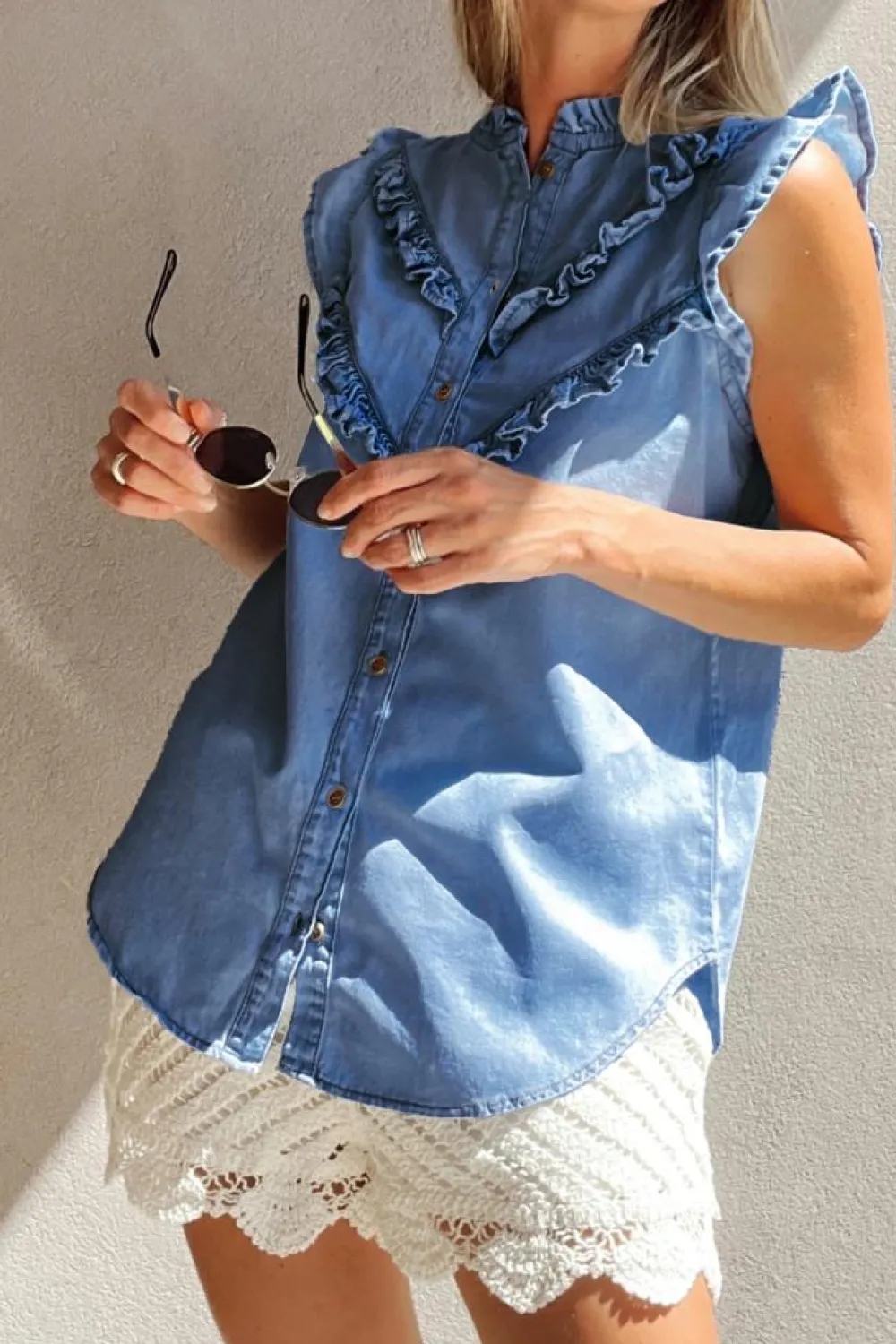 Fashion Dear-Lover Mineral Wash Cap Sleeve Frilled Button Up Denim Shirt Sky Blue