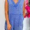 Fashion Dear-Lover Mineral Wash Pocketed Sleeveless V Neck Loose Romper Sky Blue