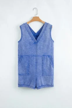 Fashion Dear-Lover Mineral Wash Pocketed Sleeveless V Neck Loose Romper Sky Blue