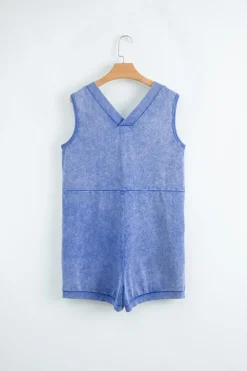 Fashion Dear-Lover Mineral Wash Pocketed Sleeveless V Neck Loose Romper Sky Blue