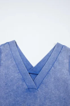 Fashion Dear-Lover Mineral Wash Pocketed Sleeveless V Neck Loose Romper Sky Blue