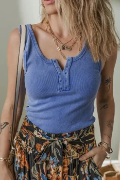 Best Dear-Lover Mineral Wash Ribbed Notch Neck Tank Top Sky Blue