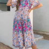 Best Dear-Lover Mixed Floral Print Tie Split Neck Short Sleeve Dress Sky Blue