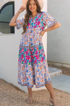 Best Dear-Lover Mixed Floral Print Tie Split Neck Short Sleeve Dress Sky Blue
