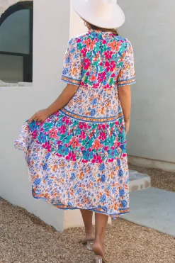 Best Dear-Lover Mixed Floral Print Tie Split Neck Short Sleeve Dress Sky Blue