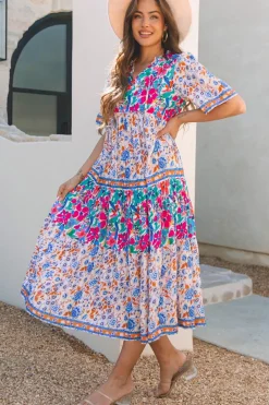 Best Dear-Lover Mixed Floral Print Tie Split Neck Short Sleeve Dress Sky Blue