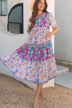 Best Dear-Lover Mixed Floral Print Tie Split Neck Short Sleeve Dress Sky Blue