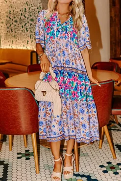 Best Dear-Lover Mixed Floral Print Tie Split Neck Short Sleeve Dress Sky Blue