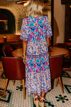 Best Dear-Lover Mixed Floral Print Tie Split Neck Short Sleeve Dress Sky Blue