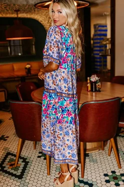 Best Dear-Lover Mixed Floral Print Tie Split Neck Short Sleeve Dress Sky Blue