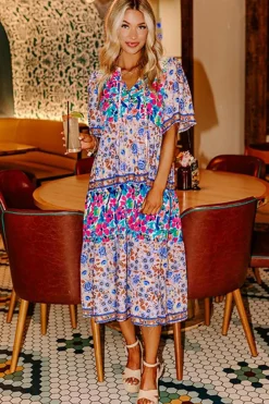 Best Dear-Lover Mixed Floral Print Tie Split Neck Short Sleeve Dress Sky Blue