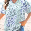 Sale Dear-Lover Mixed Leopard Print V Neck Short Sleeve Blouse Sky Blue
