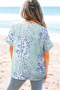 Sale Dear-Lover Mixed Leopard Print V Neck Short Sleeve Blouse Sky Blue