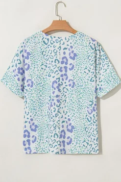 Sale Dear-Lover Mixed Leopard Print V Neck Short Sleeve Blouse Sky Blue