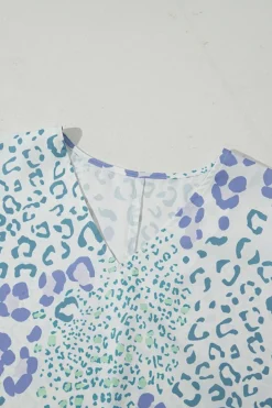 Sale Dear-Lover Mixed Leopard Print V Neck Short Sleeve Blouse Sky Blue