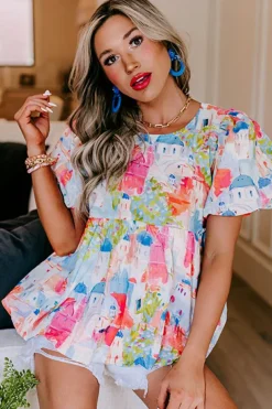 Fashion Dear-Lover Parisian Avenue Babydoll Top Sky Blue