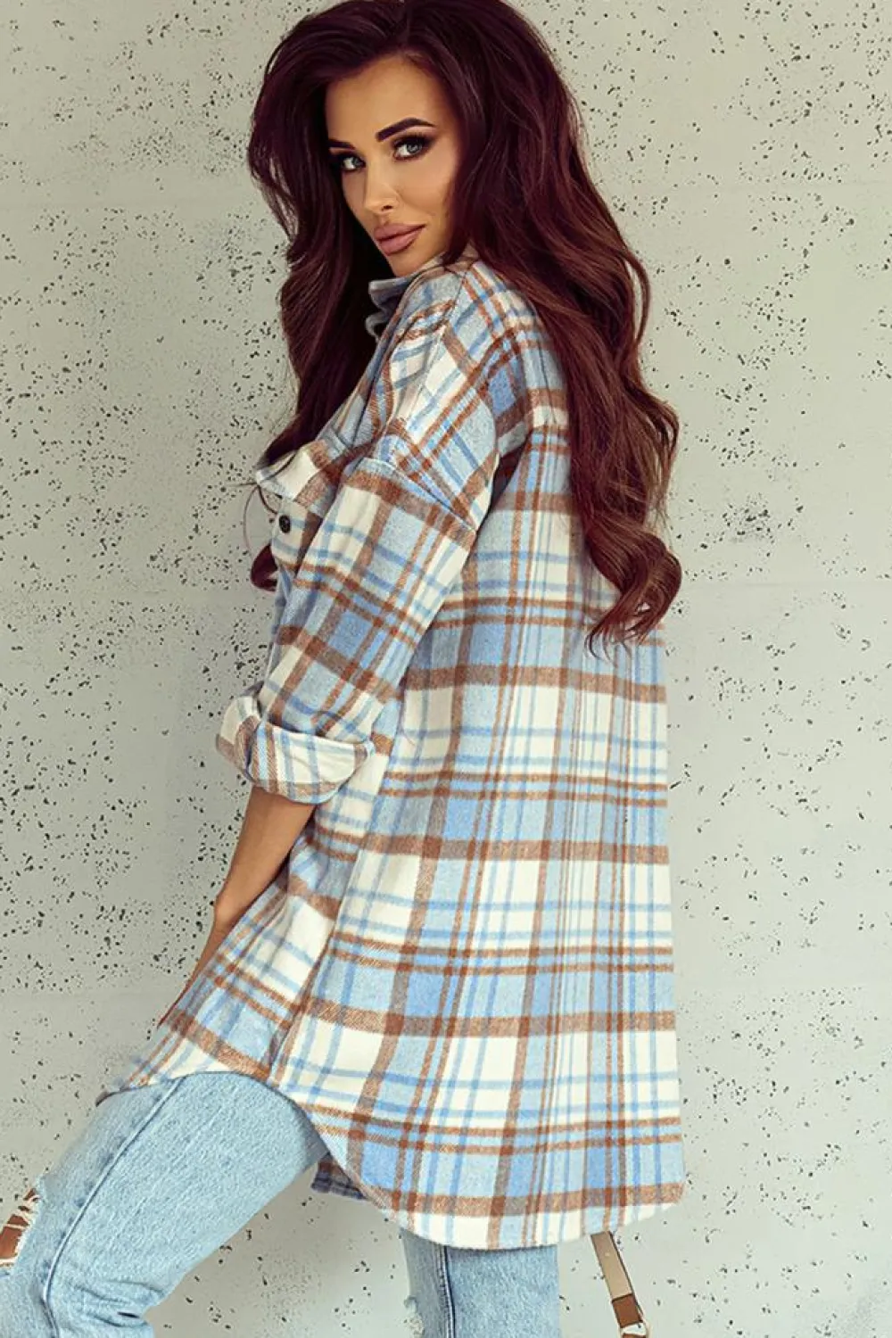 Clearance Dear-Lover Plaid Flap Pocket Long Sleeve Shacket Sky Blue
