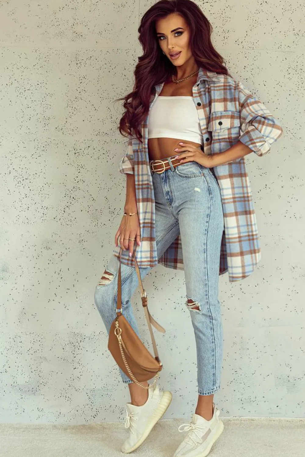 Clearance Dear-Lover Plaid Flap Pocket Long Sleeve Shacket Sky Blue