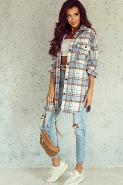 Clearance Dear-Lover Plaid Flap Pocket Long Sleeve Shacket Sky Blue