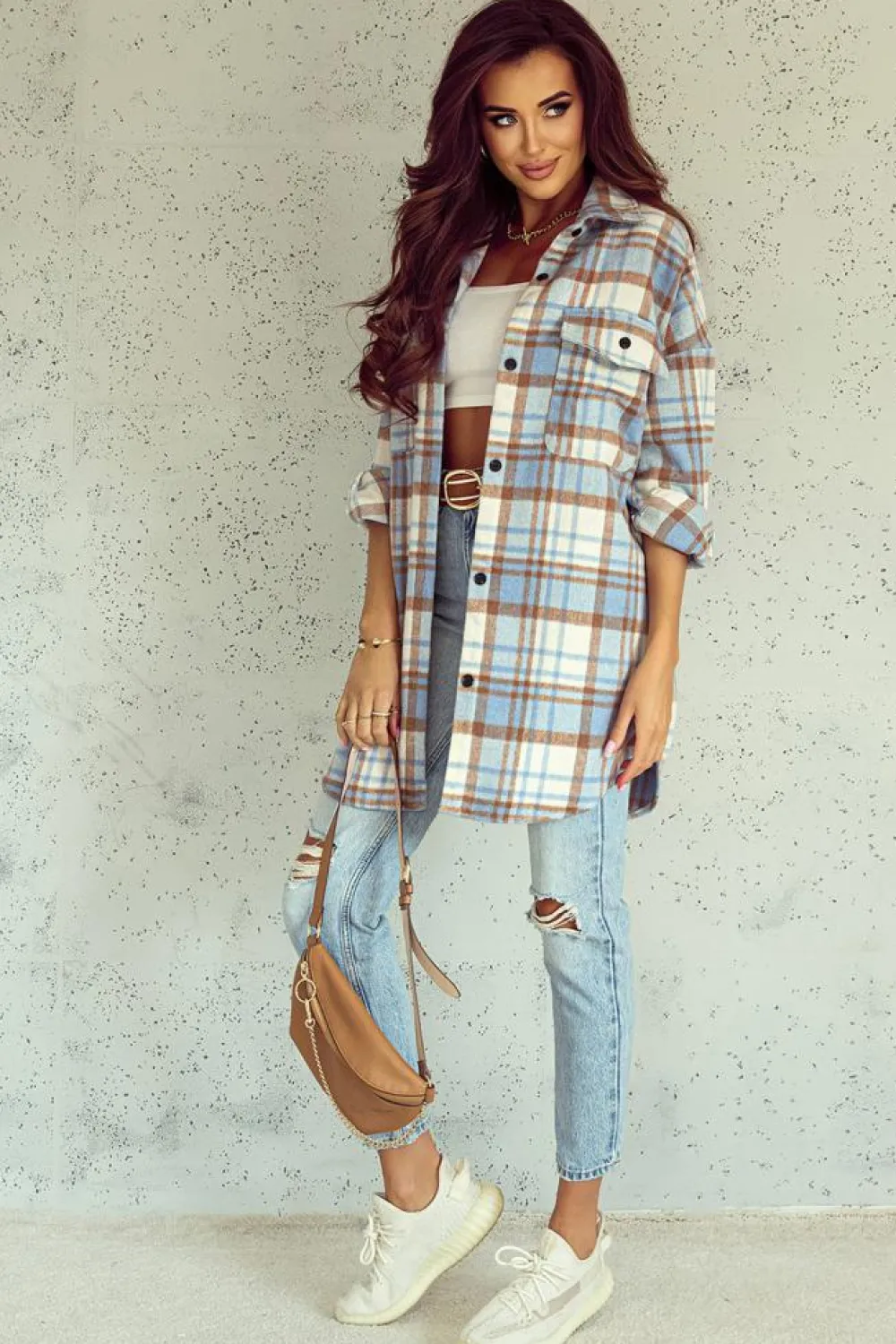 Clearance Dear-Lover Plaid Flap Pocket Long Sleeve Shacket Sky Blue