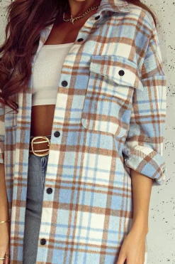 Clearance Dear-Lover Plaid Flap Pocket Long Sleeve Shacket Sky Blue
