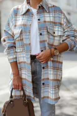 Clearance Dear-Lover Plaid Flap Pocket Long Sleeve Shacket Sky Blue