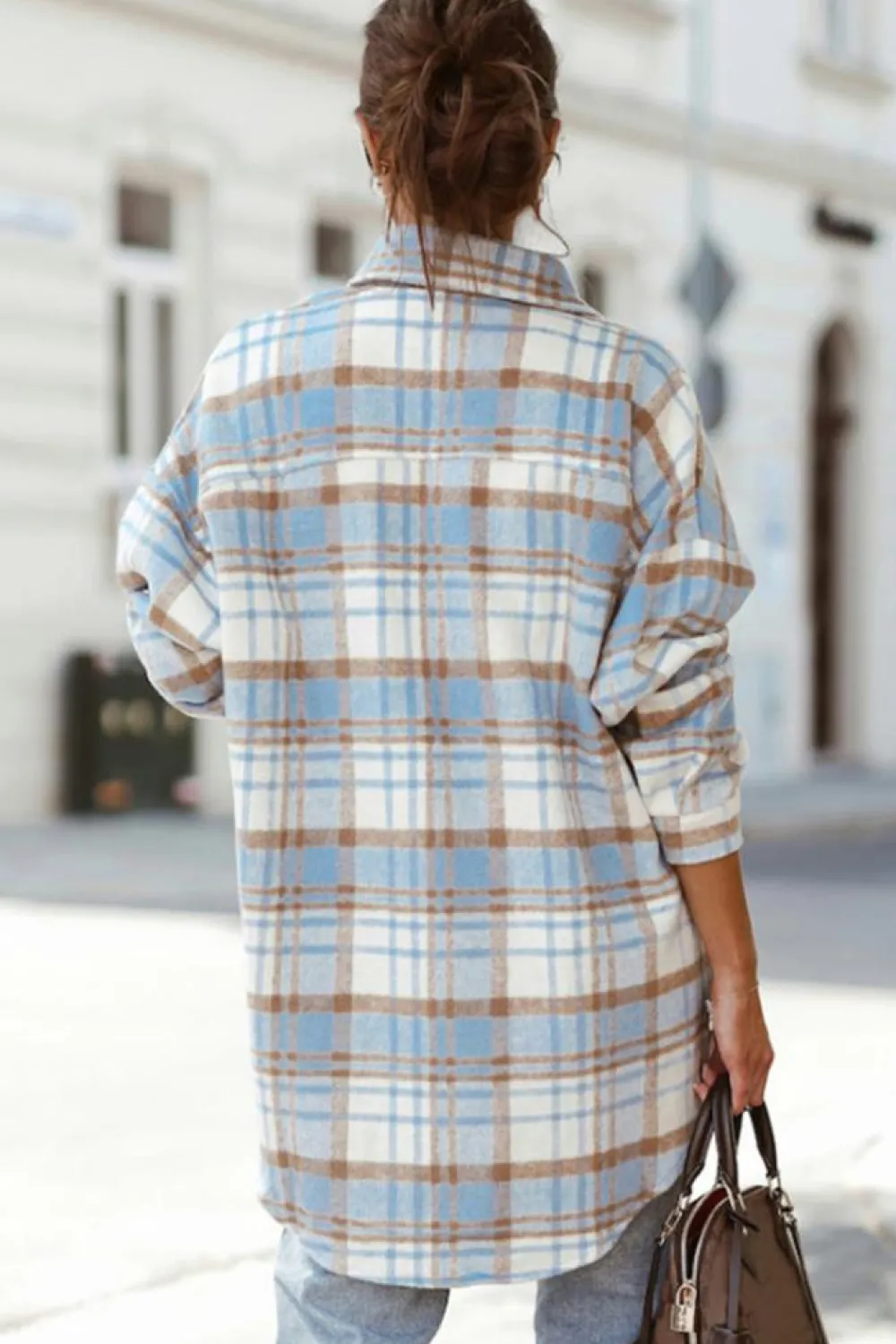 Clearance Dear-Lover Plaid Flap Pocket Long Sleeve Shacket Sky Blue